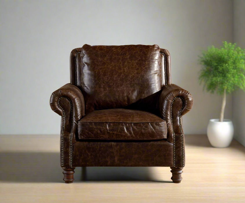 English Rolled Arm - Arm Chair - Dark Brown Leather