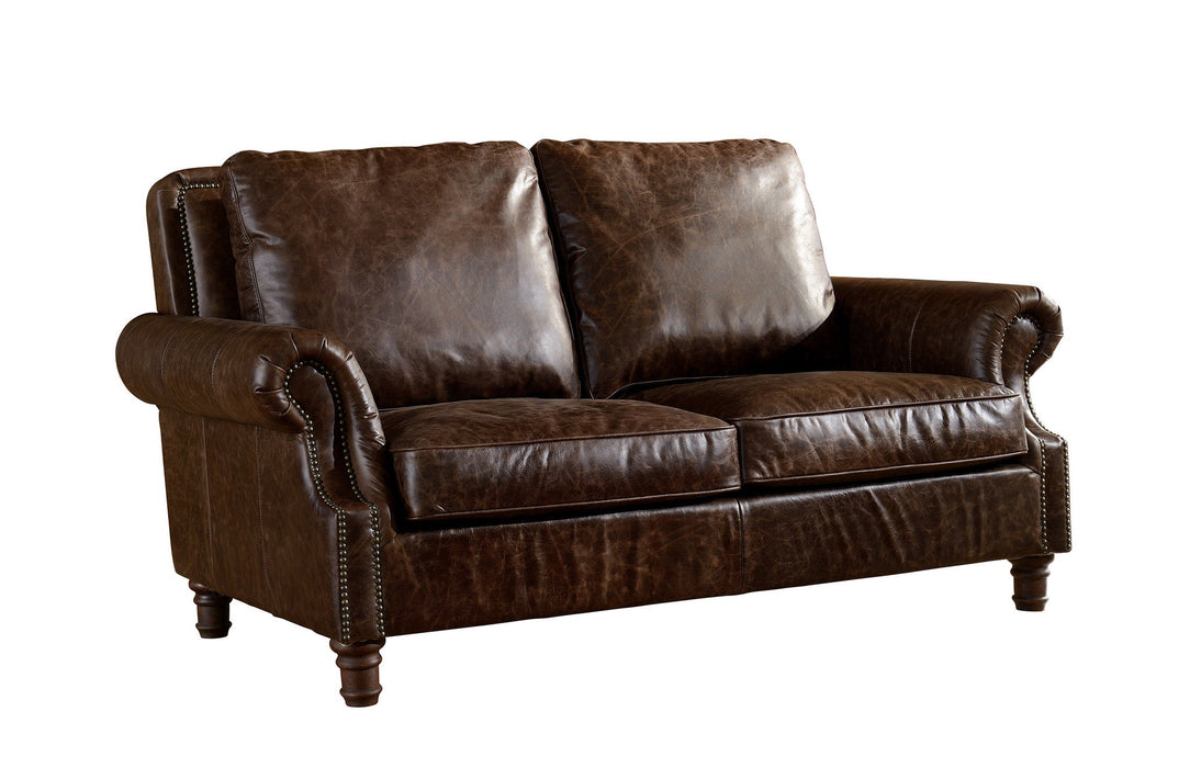 English Rolled Arm Love Seat - Dark Brown Leather - Crafters and Weavers