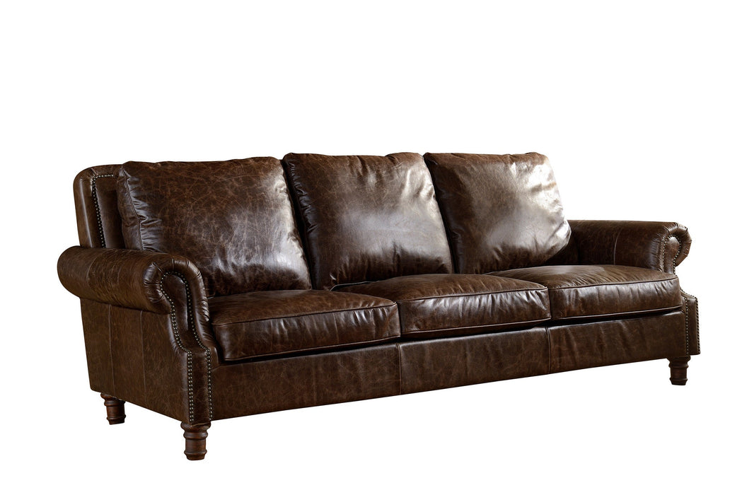 English Rolled Arm Sofa - Dark Brown Leather - Crafters and Weavers