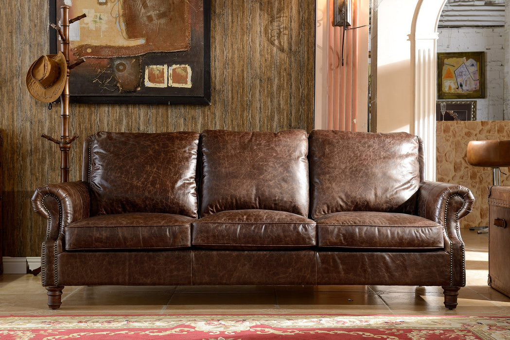 English Rolled Arm Sofa - Dark Brown Leather - Crafters and Weavers