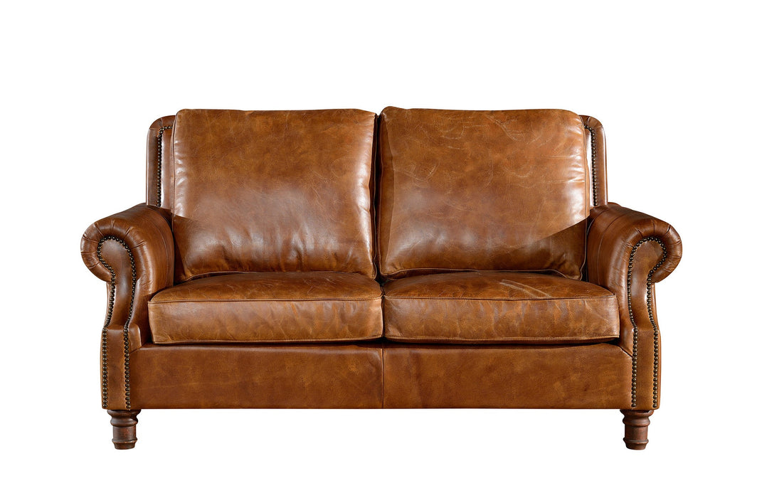 English Rolled Arm Love Seat - Light Brown Leather - Crafters and Weavers