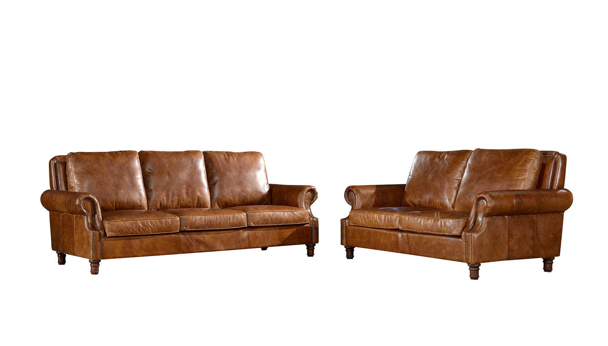 English Rolled Arm Love Seat - Light Brown Leather - Crafters and Weavers