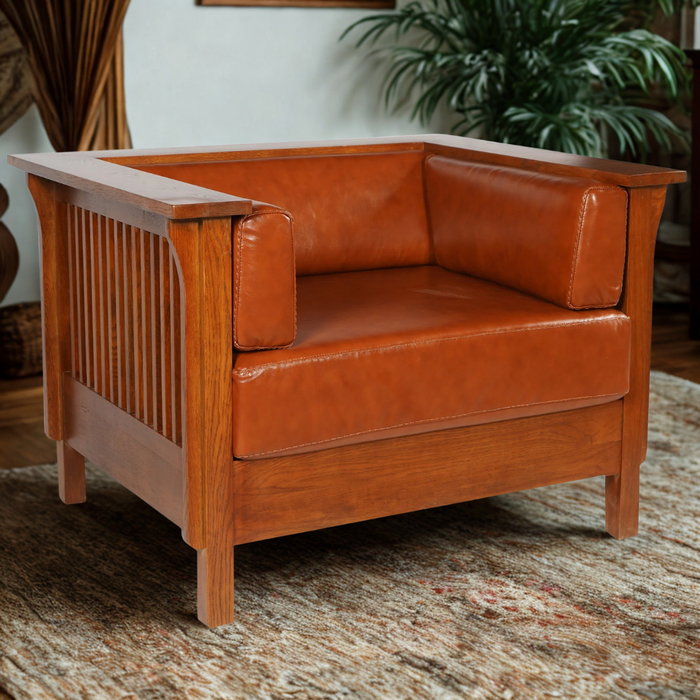 Arts and Crafts / Craftsman Cubic Slat Side Arm Chair - Russet Brown Leather (RB2)