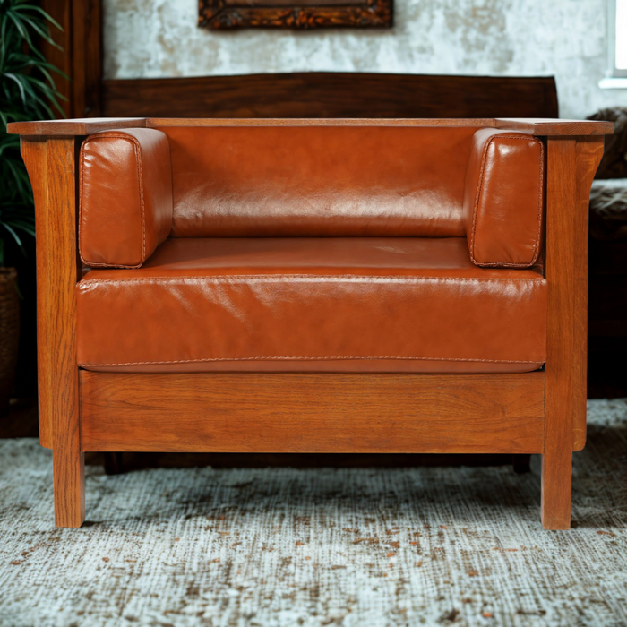 Arts and Crafts / Craftsman Cubic Slat Side Arm Chair - Russet Brown Leather (RB2)