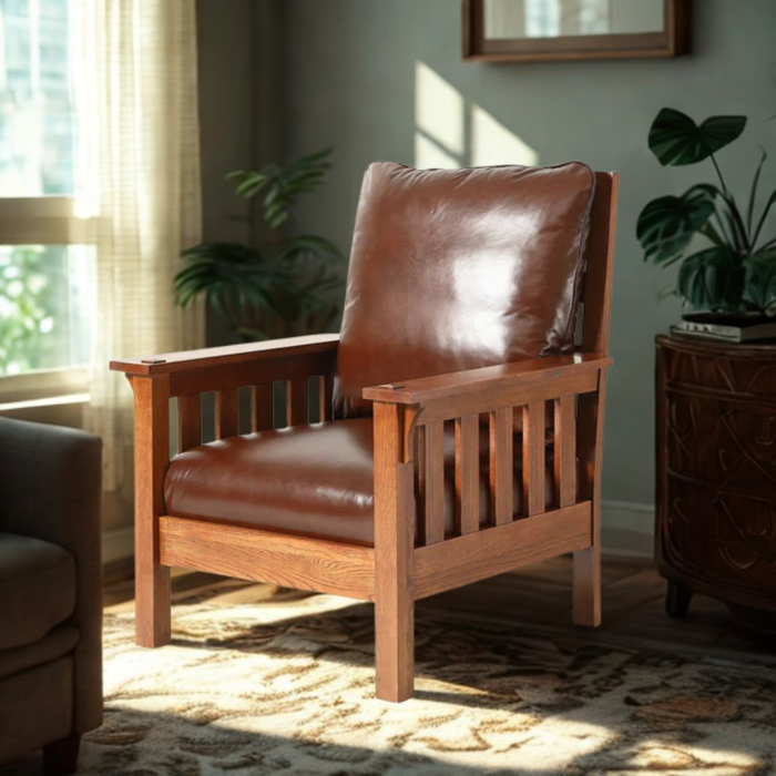 Craftsman / Mission Leather and Oak Armchair - Chestnut