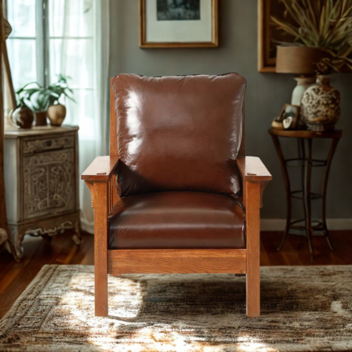 Craftsman / Mission Leather and Oak Armchair - Chestnut