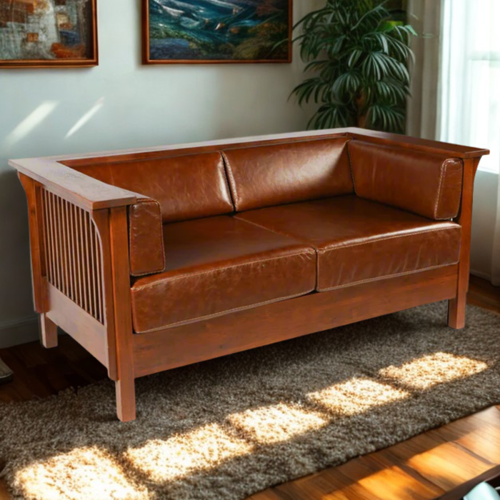 Mission / Craftsman Cubic Slat Side Love Seat - Chestnut Brown Leather