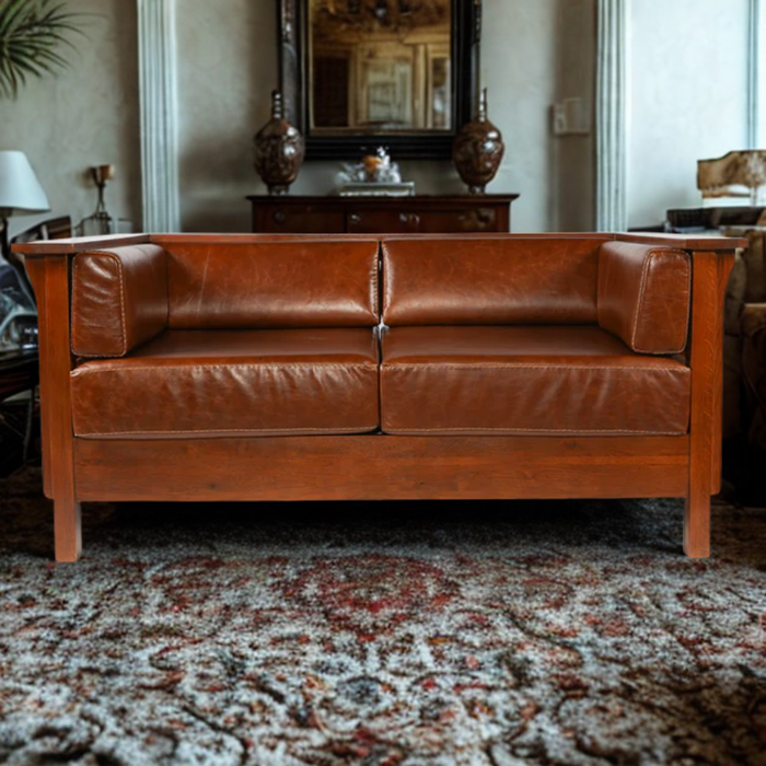 Mission / Craftsman Cubic Slat Side Love Seat - Chestnut Brown Leather