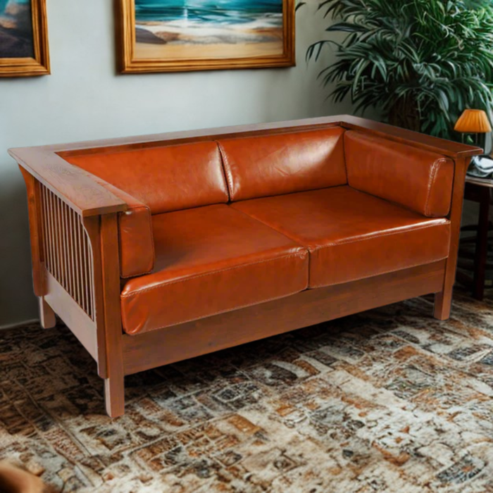 Mission / Craftsman Cubic Slat Side Love Seat - Russet Brown Leather (RB2)