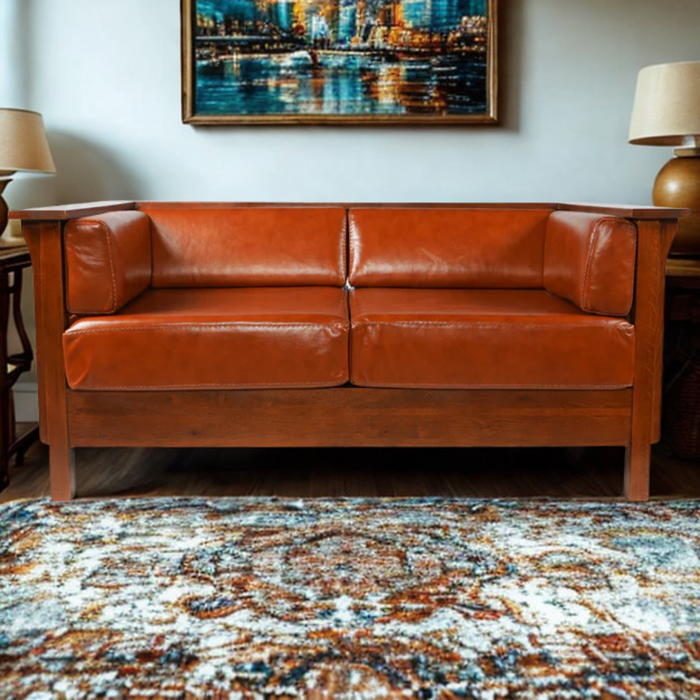 Mission / Craftsman Cubic Slat Side Love Seat - Russet Brown Leather (RB2)