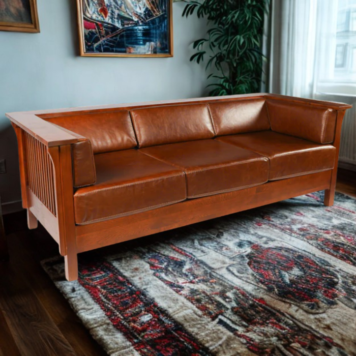 Mission / Craftsman Cubic Slat Side Sofa - Chestnut Brown Leather