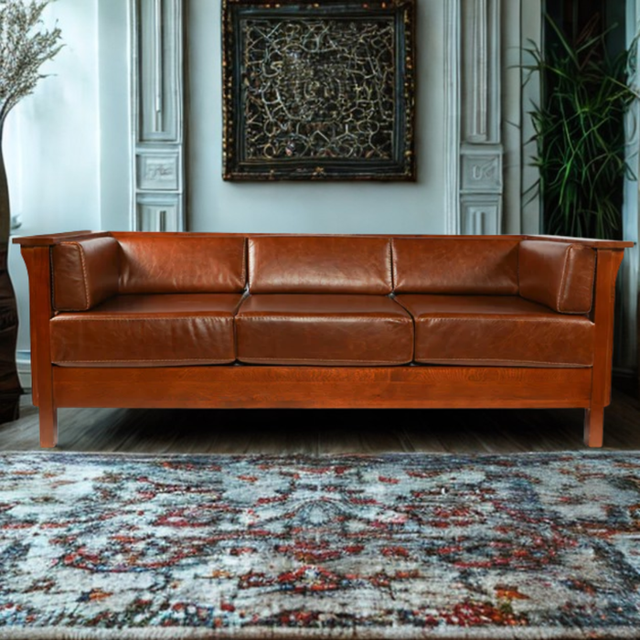 Mission / Craftsman Cubic Slat Side Sofa - Chestnut Brown Leather