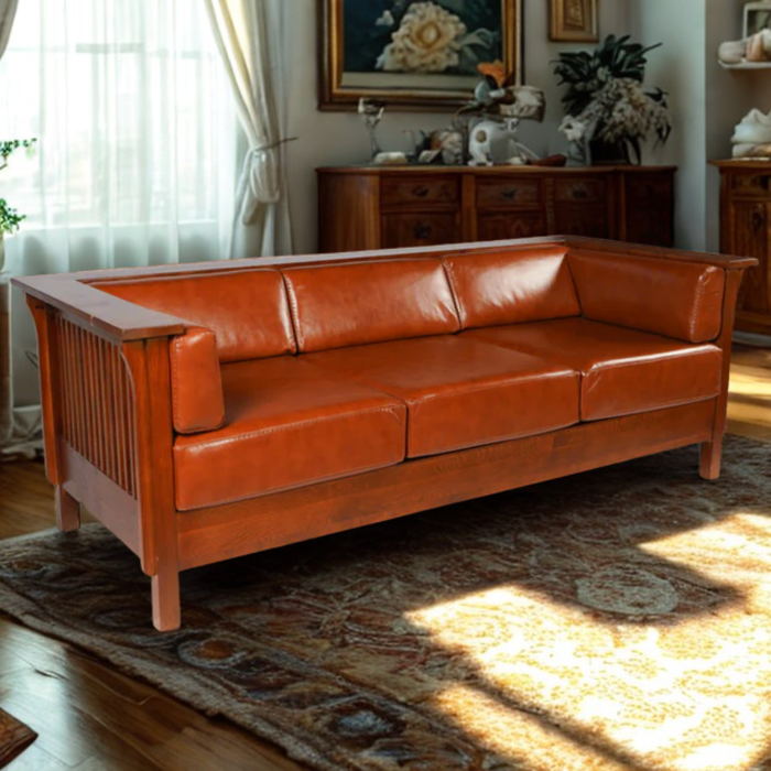 Mission / Craftsman Cubic Slat Side Sofa - Russet Brown Leather (RB2)