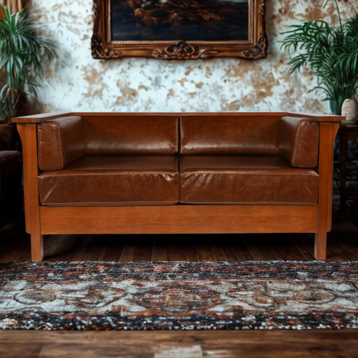 Arts and Crafts / Craftsman Cubic Panel Side Love Seat - Chestnut Brown Leather