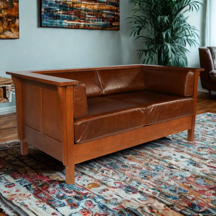 Arts and Crafts / Craftsman Cubic Panel Side Love Seat - Chestnut Brown Leather