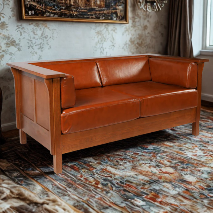 Arts and Crafts / Craftsman Cubic Panel Side Love Seat - Russet Brown Leather (RB2)