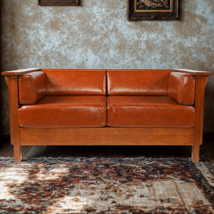 Arts and Crafts / Craftsman Cubic Panel Side Love Seat - Russet Brown Leather (RB2)