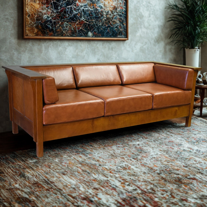 Arts and Crafts / Craftsman Cubic Panel Side Sofa - Russet Brown Leather (RB2)