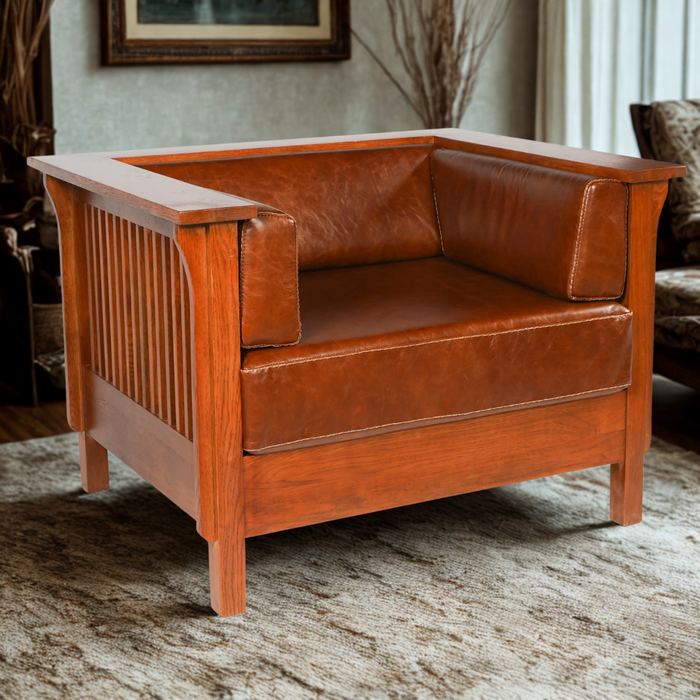 Arts and Crafts / Craftsman Cubic Slat Side Arm Chair - Chestnut Brown Leather